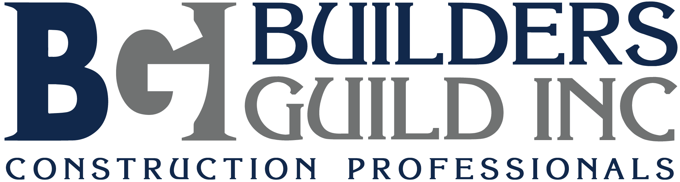 Logo for Builders Guild Inc. featuring "BGH" initials and the text "Builders Guild Inc Construction Professionals" in blue and gray.